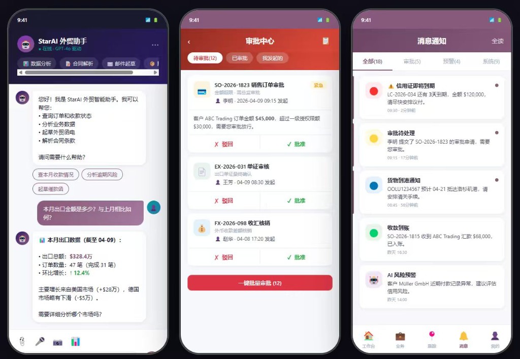 AI 外贸助手、审批中心、消息通知